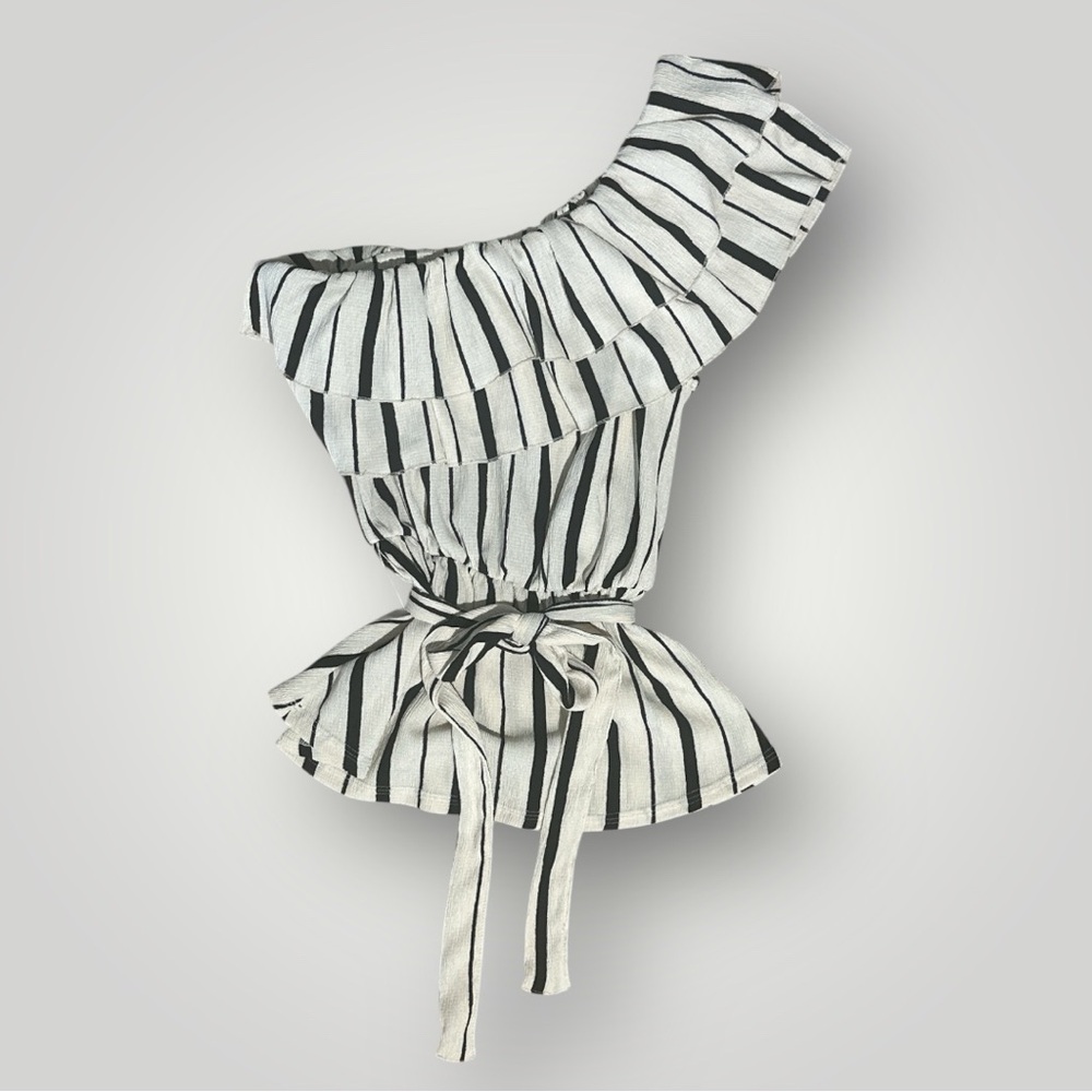 Anthropologie Maeve Black and Cream Striped Ruffle Blouse XS